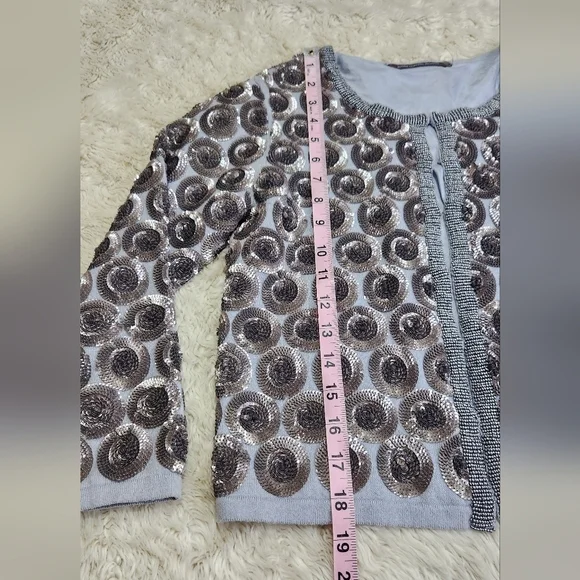 BODEN Limited Edition Beaded Cotton Cardigan Silk lined Gray Blue Silver Size 4 - Picture 7 of 11